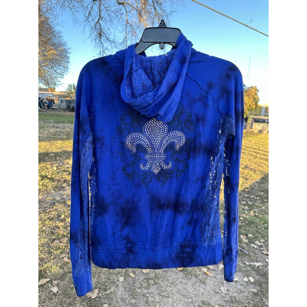 Cowgirl Legend Distressed Lace Hoodie Zip Jacket Womens Large Blue Lightweight - Picture 7 of 16
